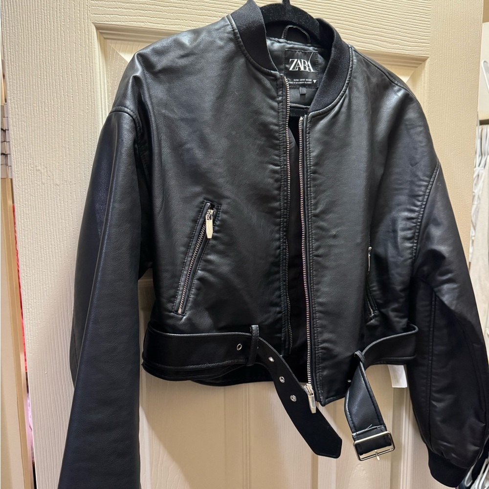 Zara black leather bomber jacket with belt